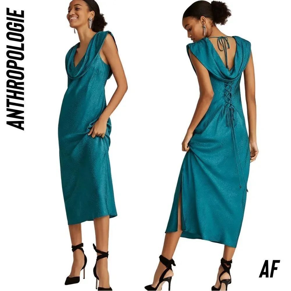 Anthropologie Maeve Cowl Neck Slip Midi Dress NWT Large Blue Green